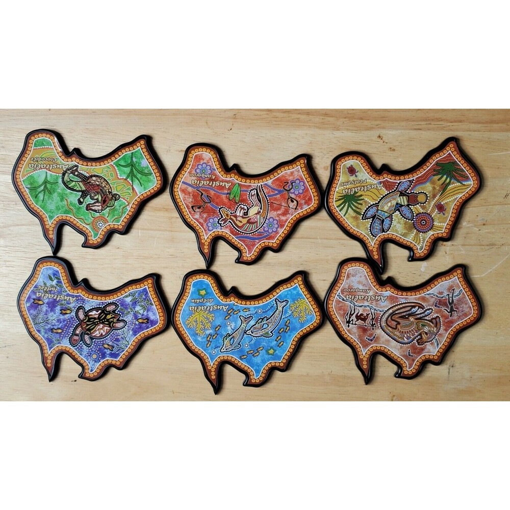 6 Australia Animal Cork Back Coaster Set Platypus Kangaroo Turtles Dolphin Croc